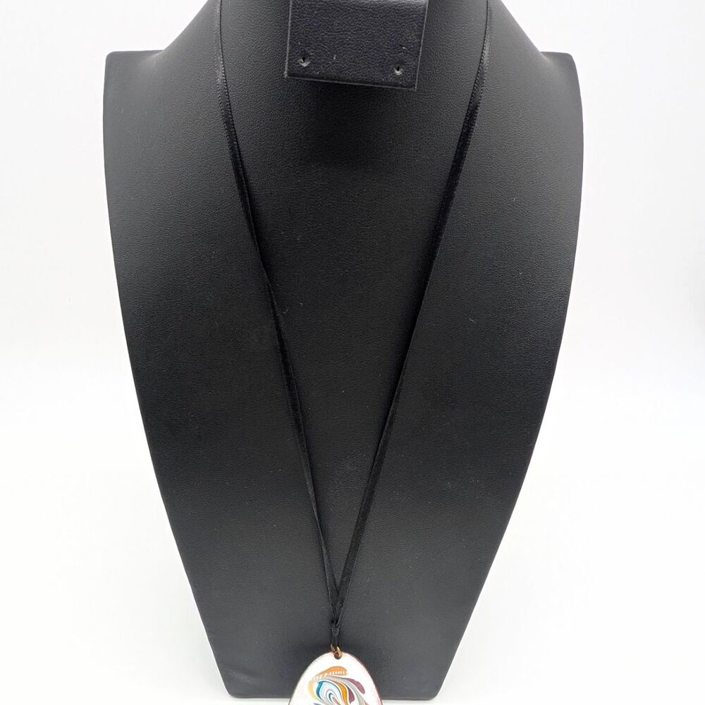 Vintage Multicolor Swirl Oval Enamel on Copper Pendant Necklace